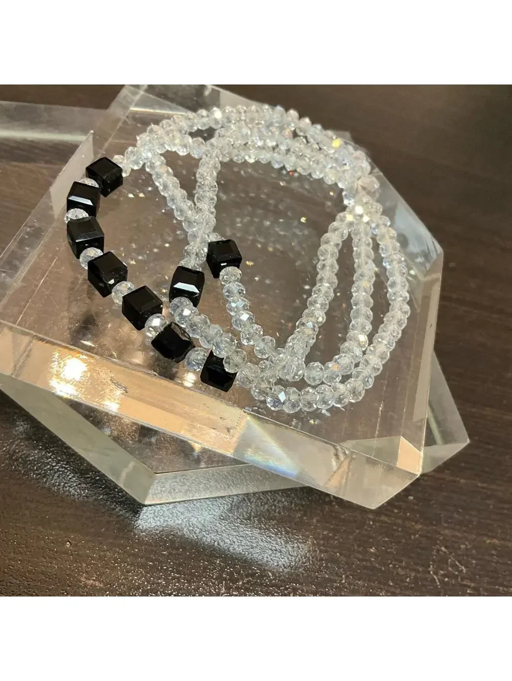 Crystal Beaded Layered Stretch Bracelets With Black Stones
